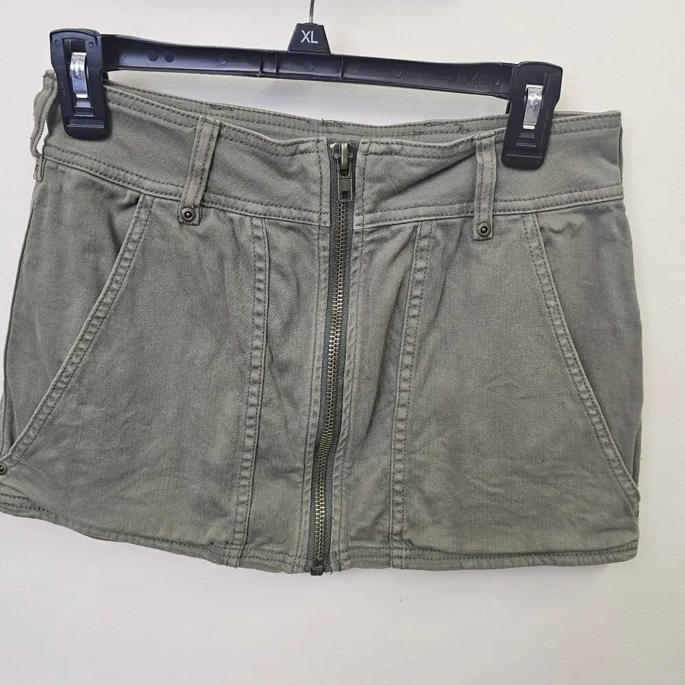 Free People Olive Green Zip Front Mini Skirt Size 0 Utility Cargo Boho Festival - Picture 3 of 5